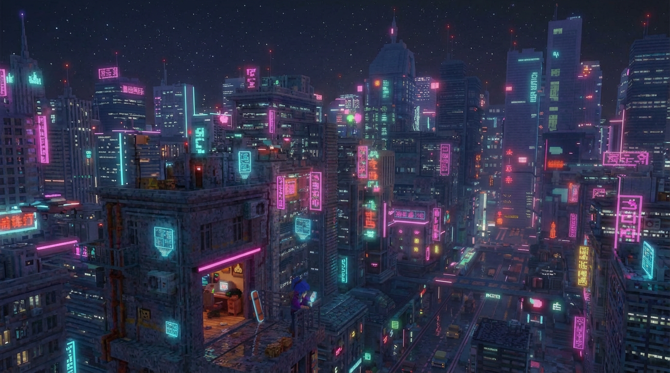Maya stands on a rooftop ledge above Neon City, a voxel metropolis drenched in pink and cyan neon